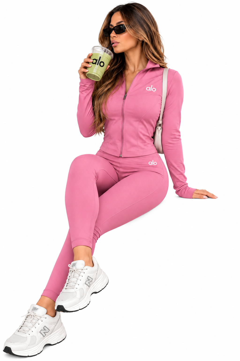 Conjunto deportivo rosado chaqueta y calzado dupe Alo